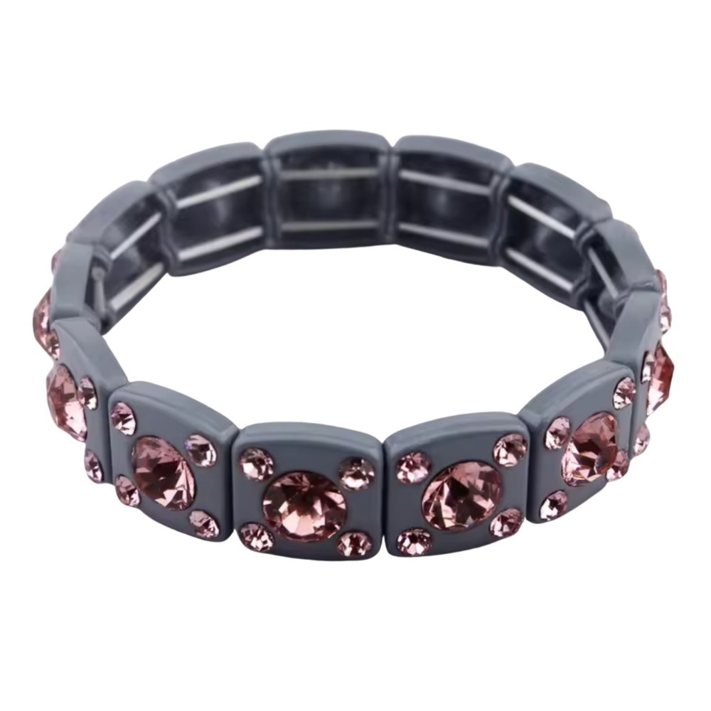 Grey & Pink Square Tile Crystal Stretch Bracelet – Adjustable Glass Bead Fashion